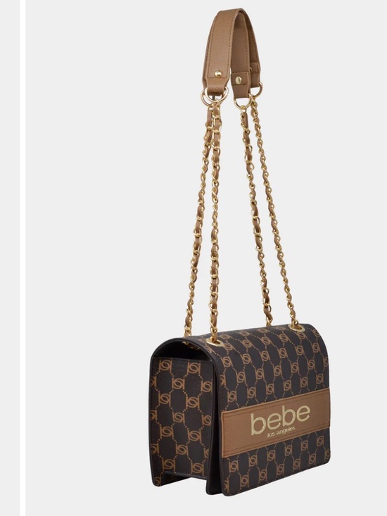 bebe Handbags - bebe Brown Monogram Shoulder Bag with Gold Chain Straps